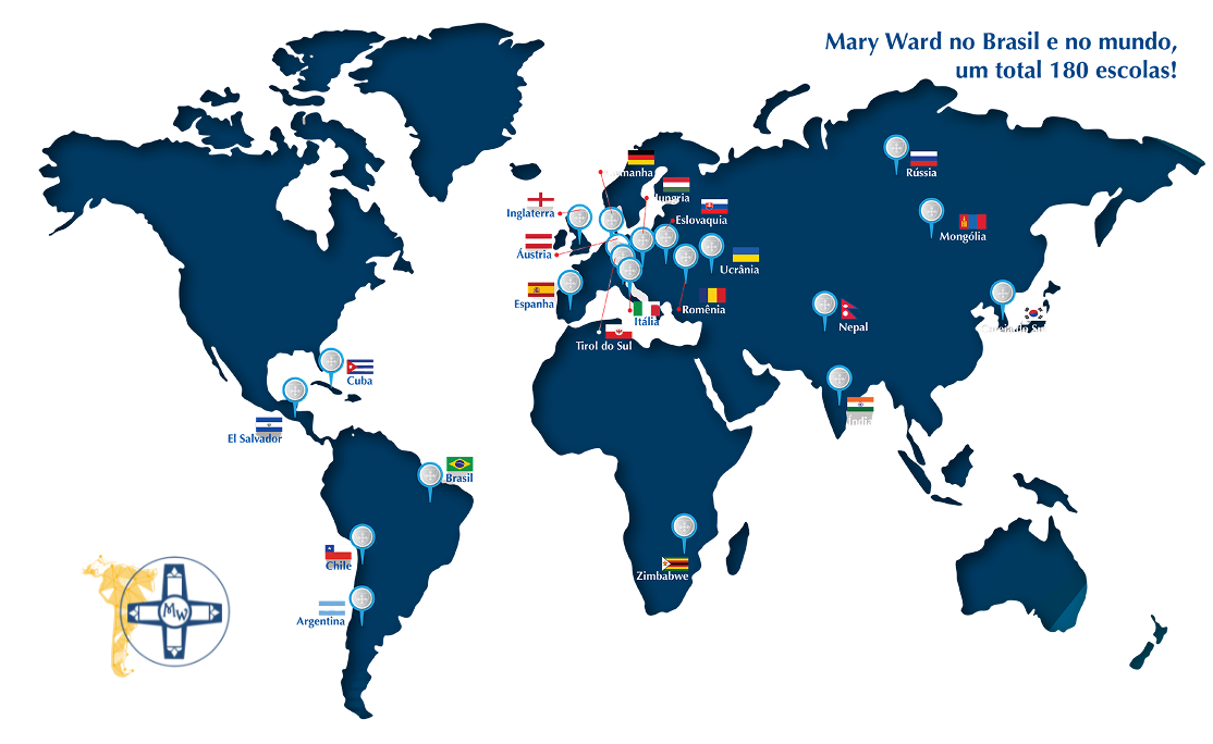 Mapa mundial mostrando a presença das escolas Mary Ward